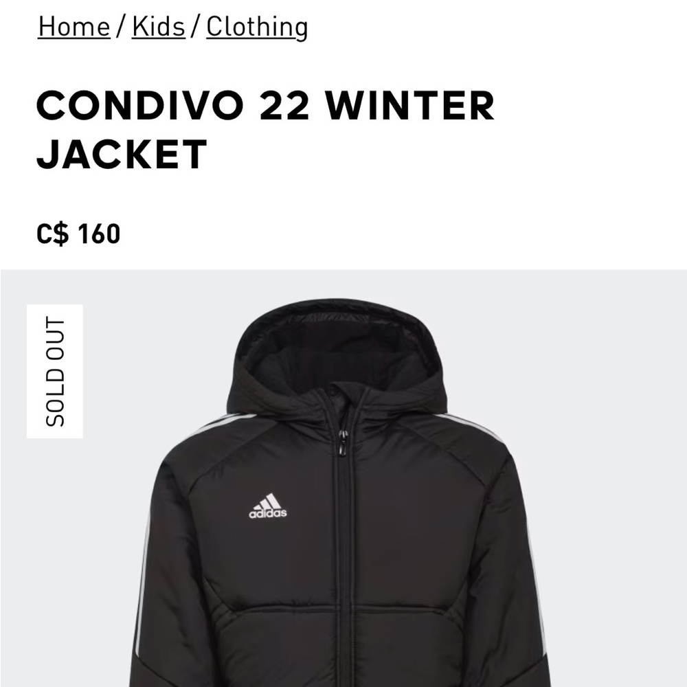 Adidas Condivo 22 Winter Jacket – Black – Youth XL (Fits Men’s S)